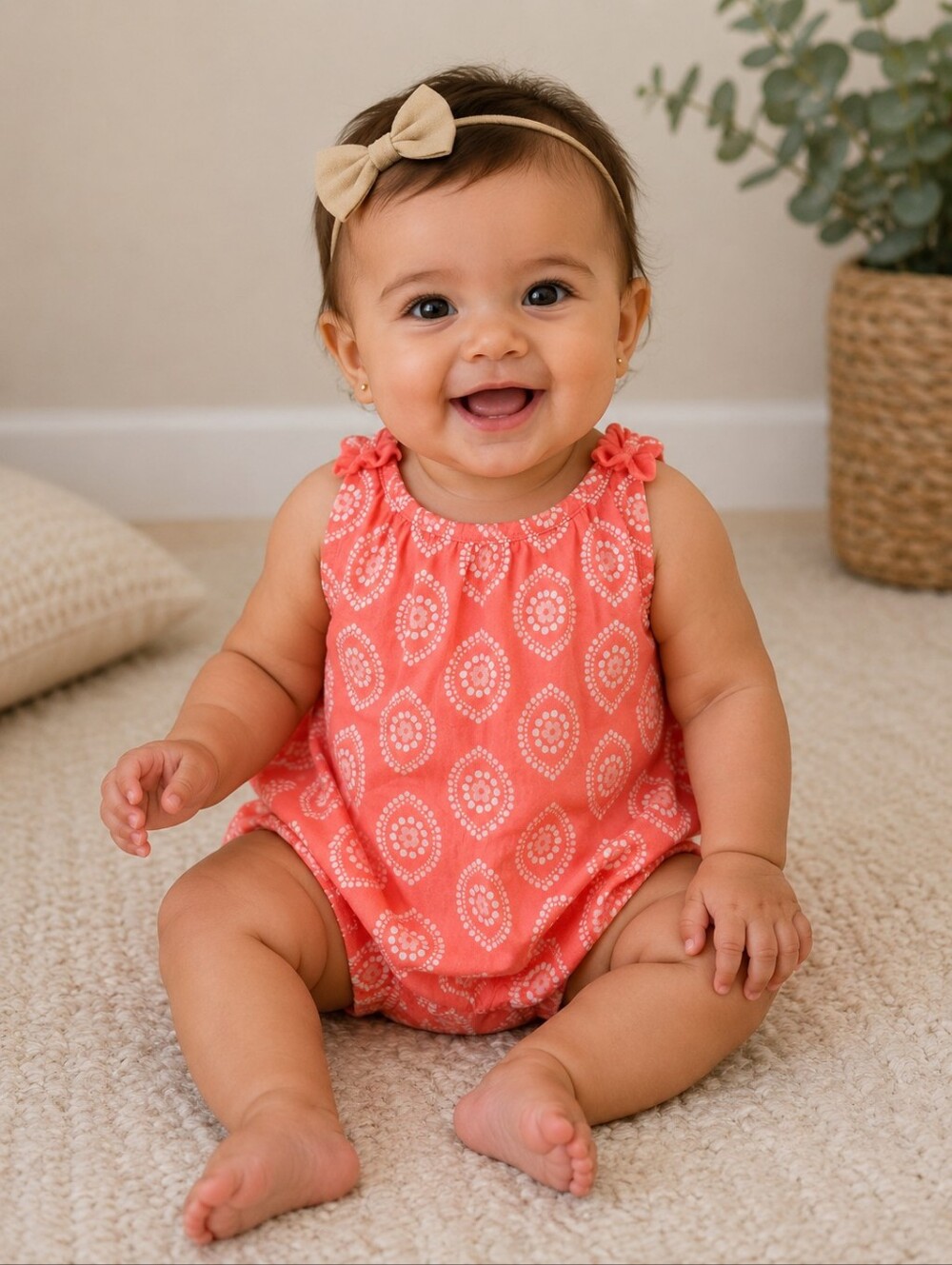 Carter's Coral Sleeveless Romper with White Medallion Print